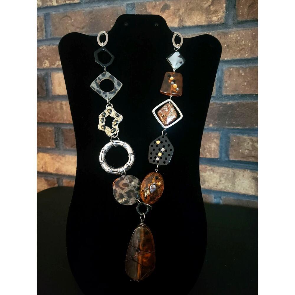 Vintage Chunky Statement Necklace Resin & Metal Amber Brown Leopard Print